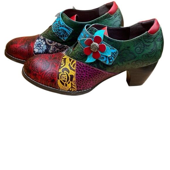 Boho Buckle Clogs Womens 10M Heeled Patchwork Bootie Shooties Sz 41 - Picture 2 of 10